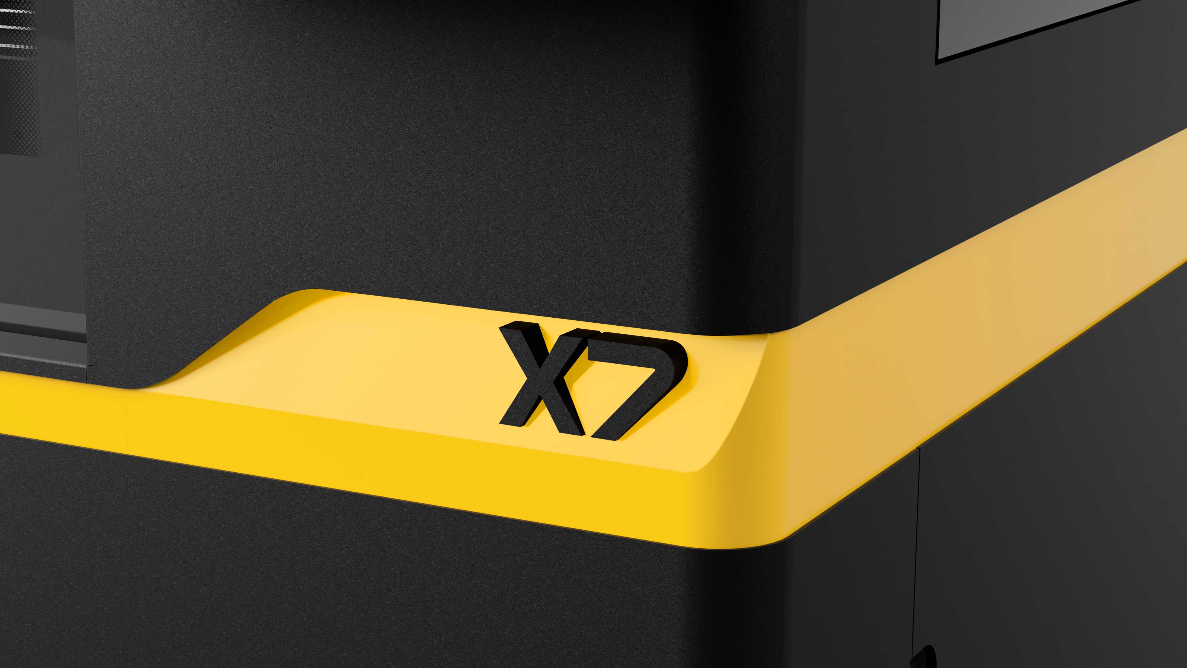 Rendering of a flat device in a grey environment displaying a bar chart graphic on a small screen on the front.