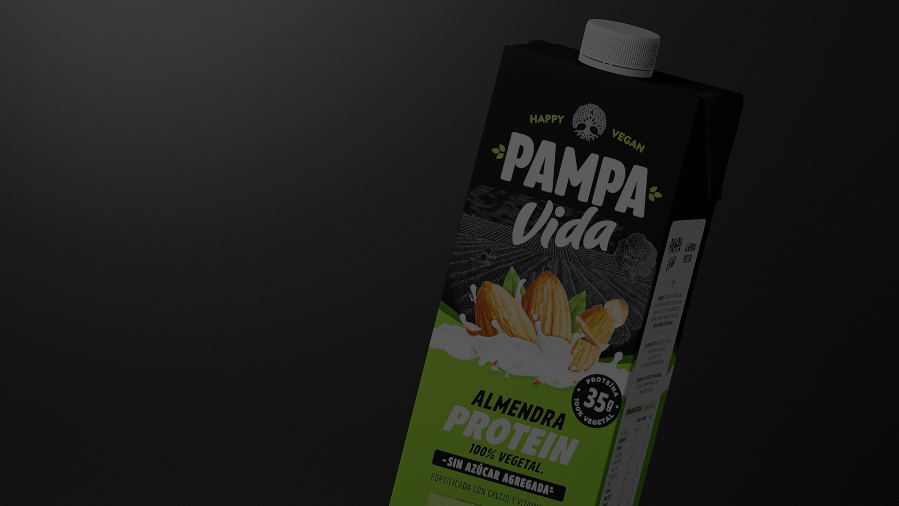 Carton of Pampa Vida almond protein milk against a dark background. The label highlights "Happy Vegan" and "35% Protein." The tone is fresh and healthy.
