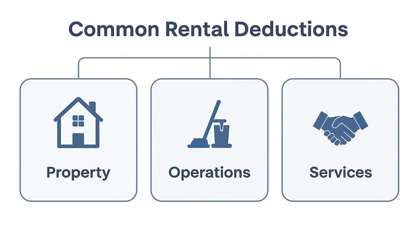 Three categories of common rental property tax deductions: property, operations, and services with icons