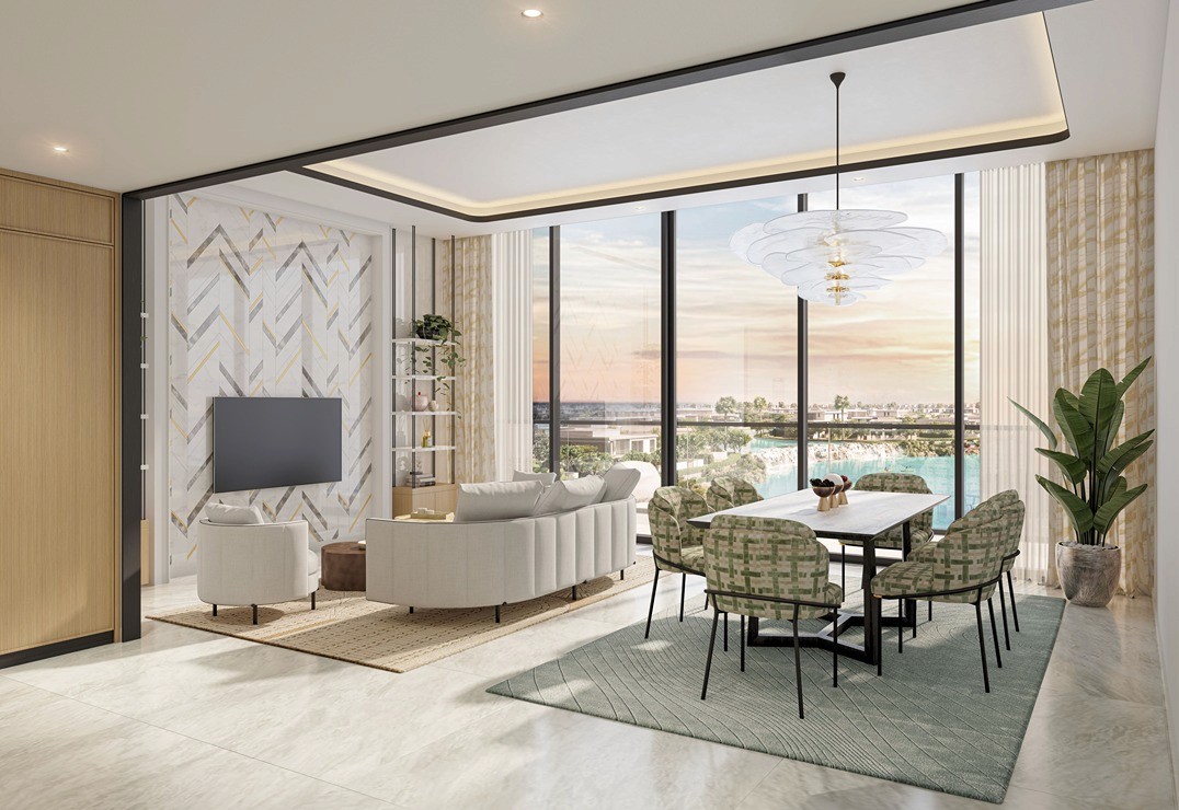 A modern living room featuring large windows with a stunning view of the city skyline, designed by Azizi Noura.