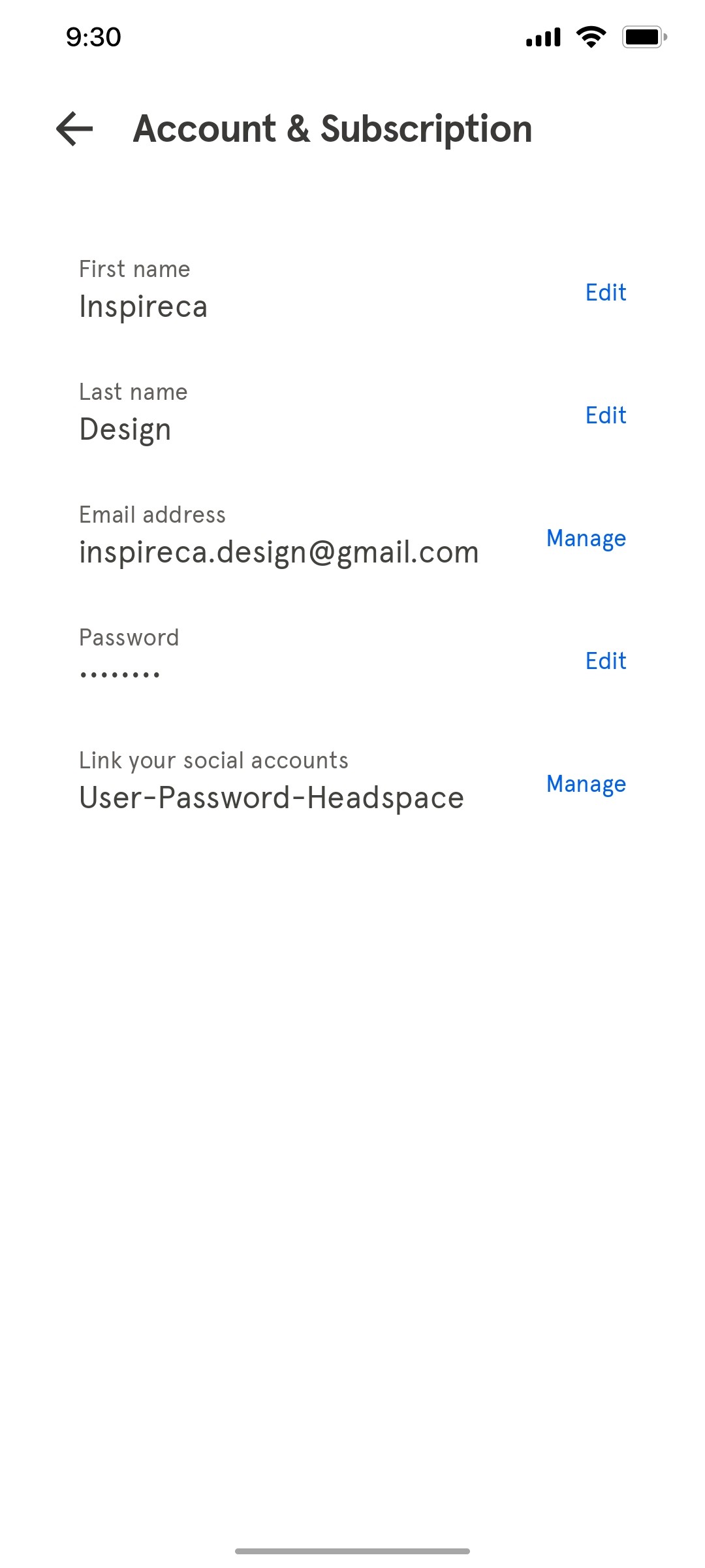 Headspace Account & Subscriptions screen