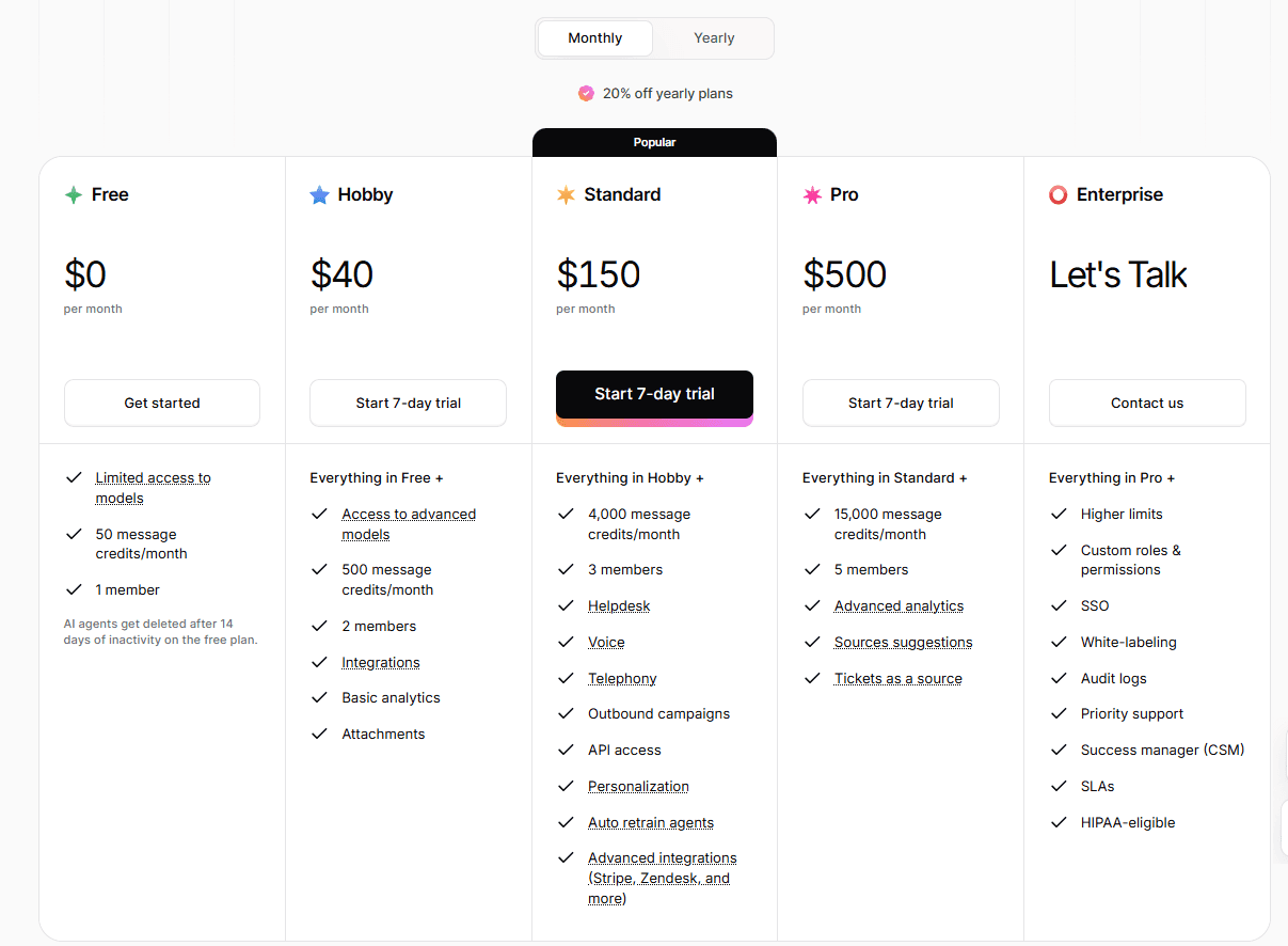 Chatbot pricing page