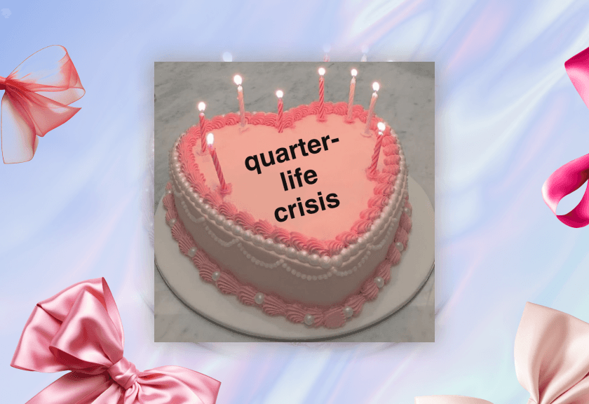 Quarter-life crisis funny meme birthday invitation with a pink heart-shaped cake and soft ribbon decor