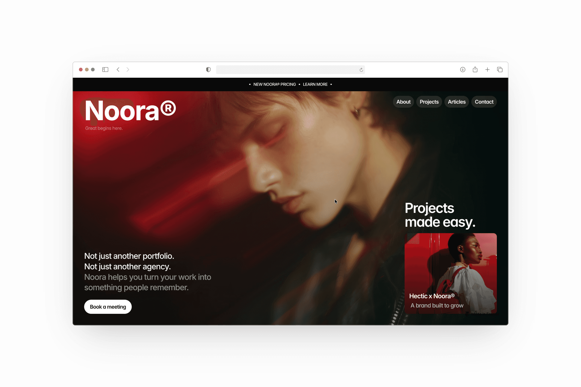 Noora Framer template homepage hero section mockup