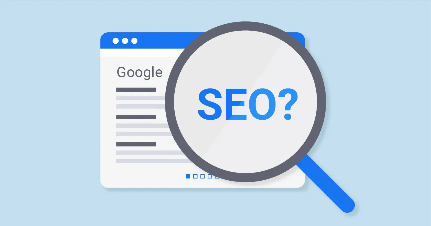 SEO illustration with magnifying glass over Google search results