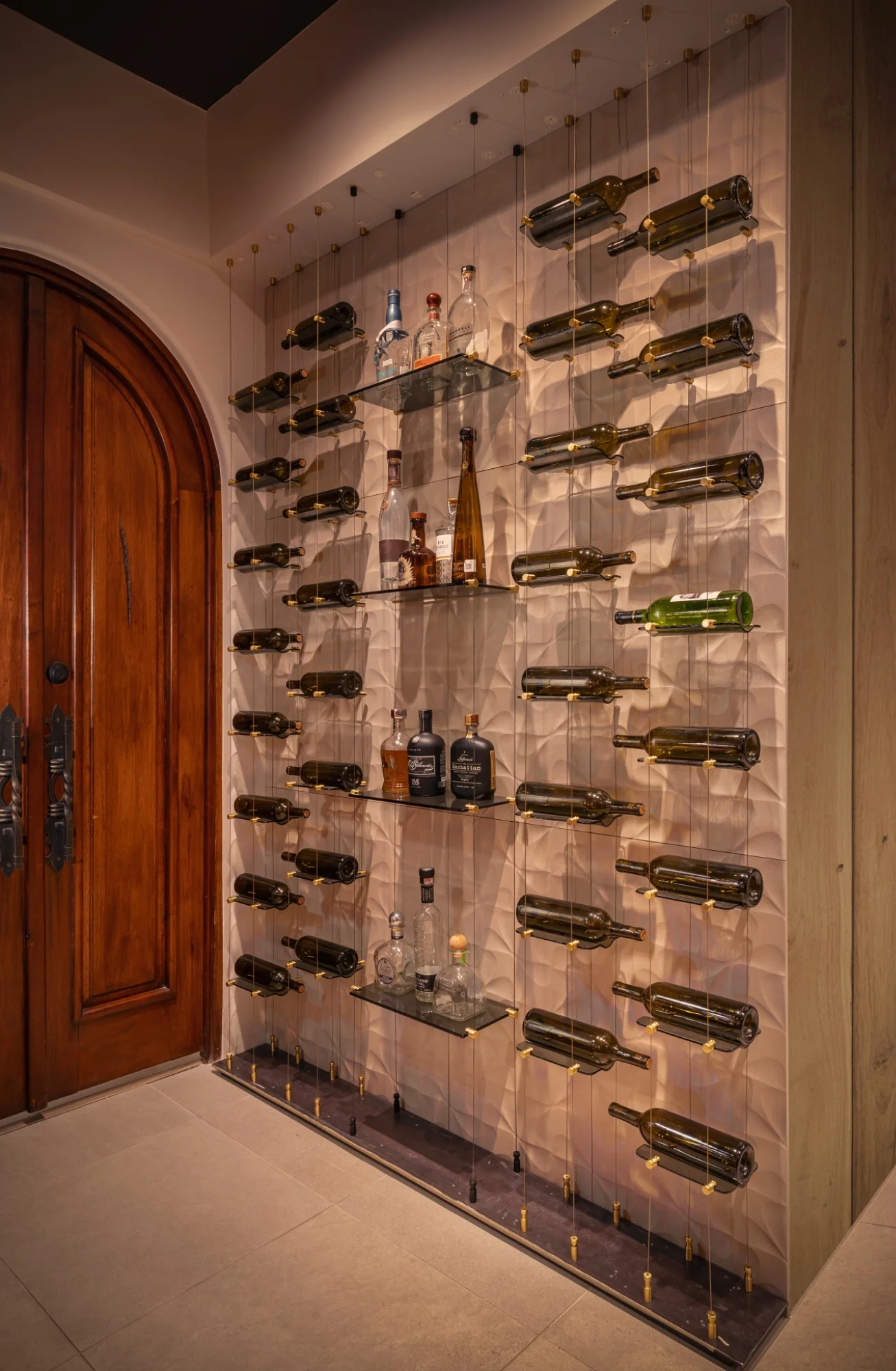 nfinity pool blending into the ocean view, minimalist sun loungers in soft neutral fabric, curved architecture