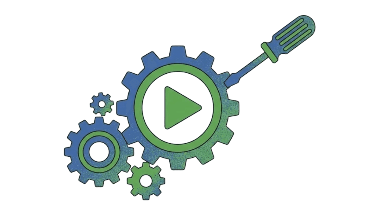 Gears and play button icon with a screwdriver, representing control over playback behavior and disabling autoplay after rendering in Premiere Pro.