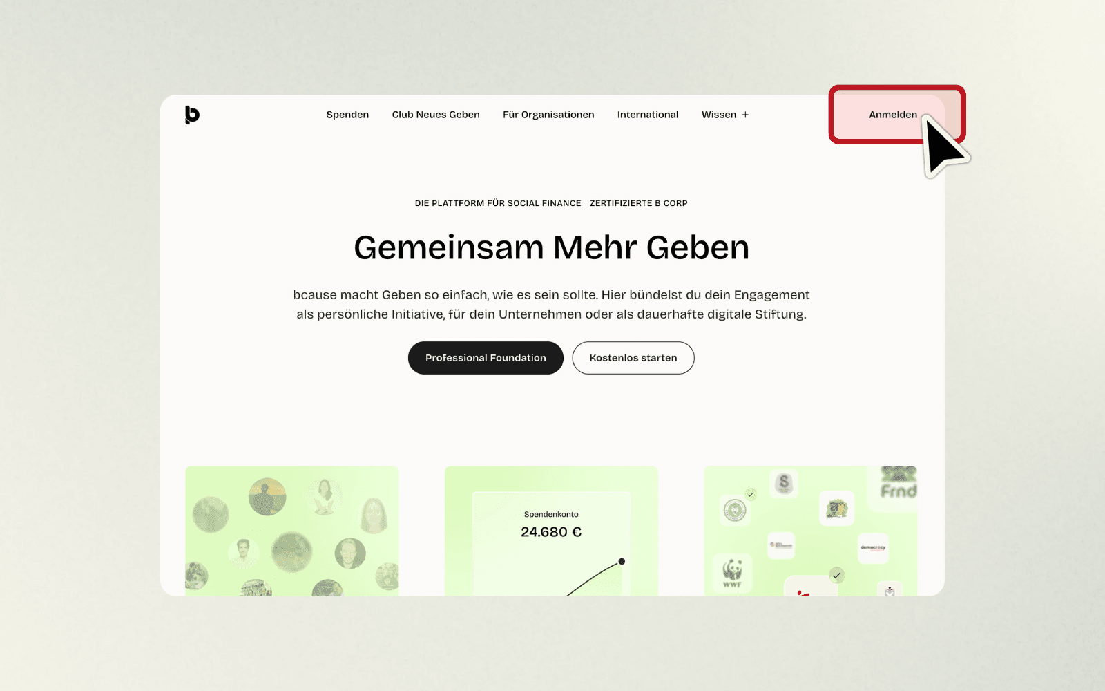 Startseite von bcause.com mit Navigation und blau markiertem Button ‚Anmelden' oben rechts