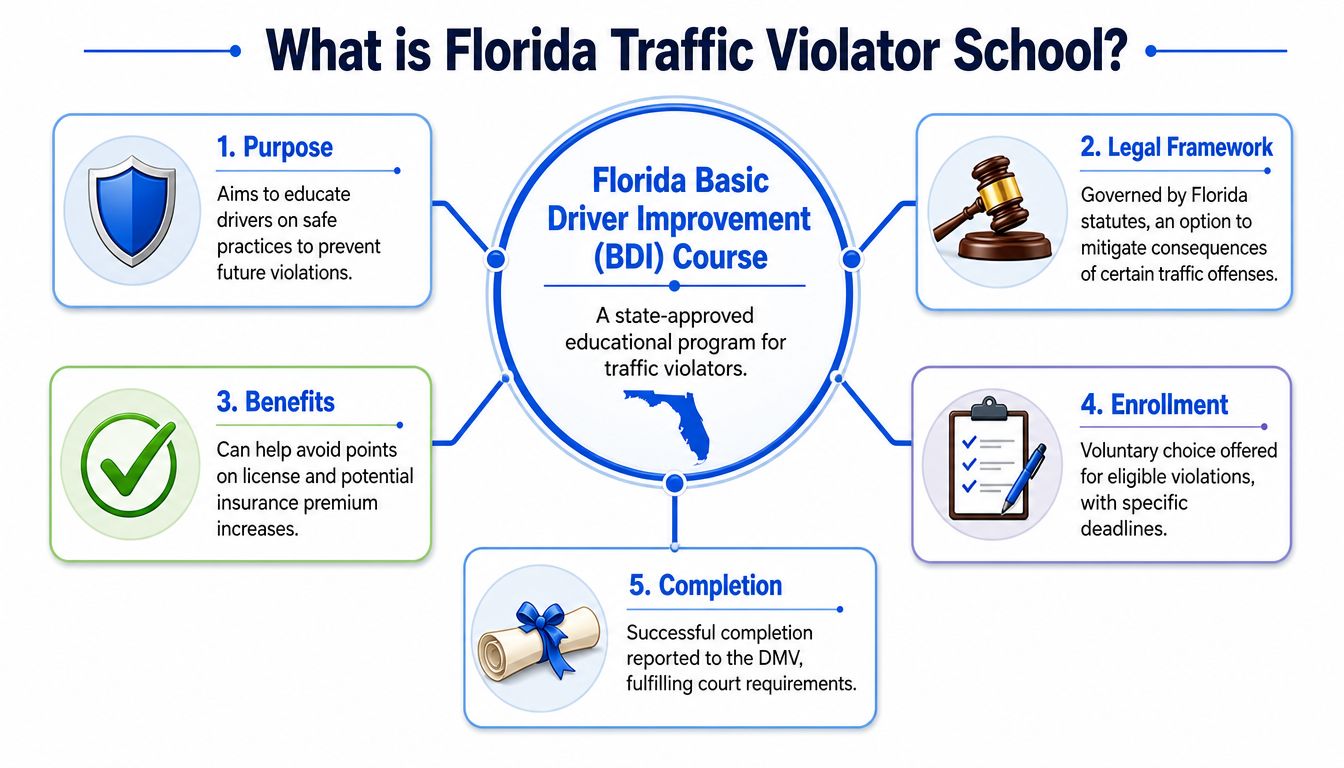 An infographic explaining the Florida Basic Driver Improvement course and how it helps traffic violators.