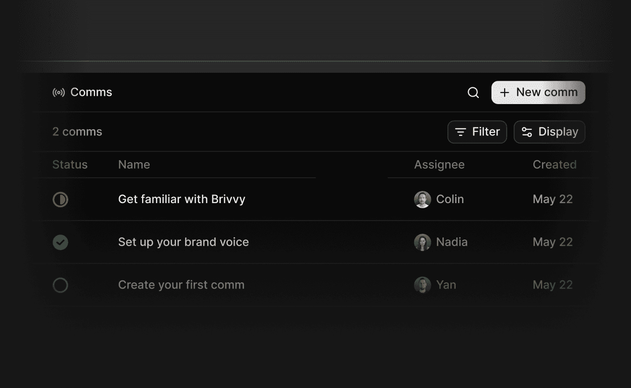 Comms dashboard showing onboarding tasks, assignees, filters, and a button to create a new comm in Brivvy.