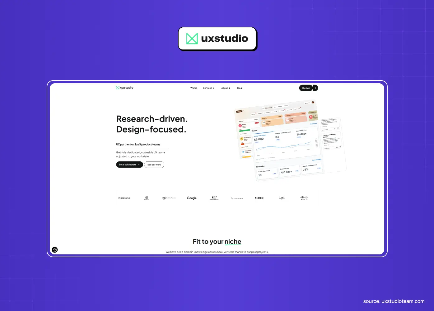 Research-driven design agency homepage featuring a product dashboard mockup, client logos, and a focus on UX research and design. 