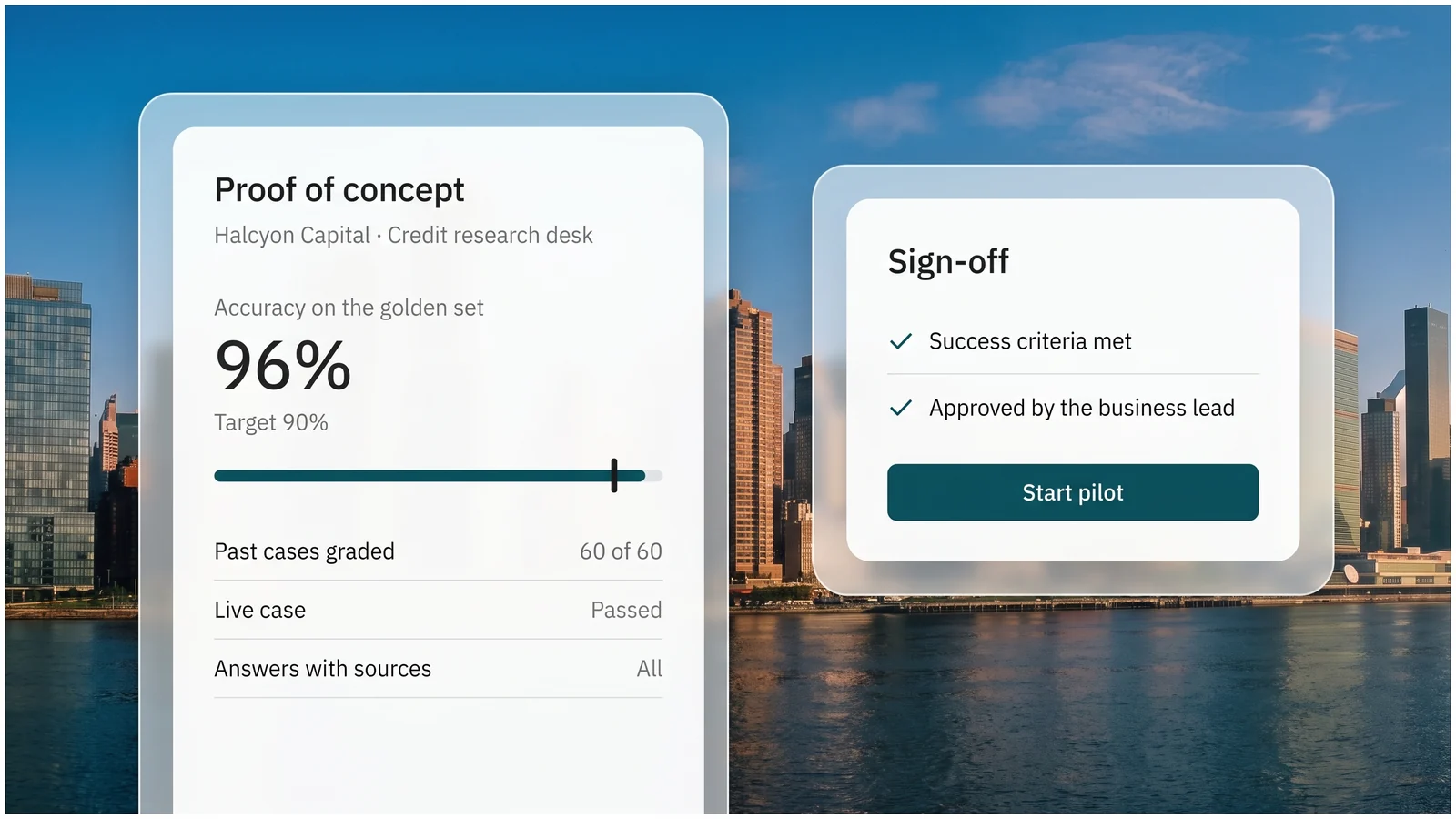 A proof of concept graded against the client's golden set of past cases, above its agreed accuracy target, beside the business lead's sign-off to start the pilot