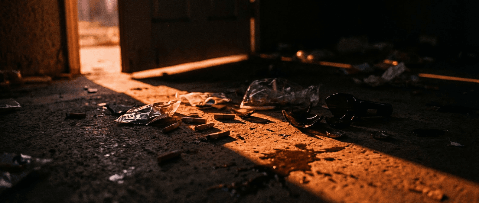 Silhouettes of people in a dimly lit space, creating an eerie and mysterious atmosphere.