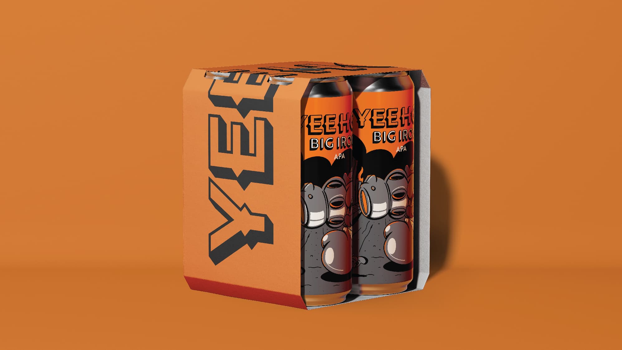 YeeHop Big Iron APA four-pack packaging on an orange background, featuring orange outer packaging with a black YeeHop logo and cans inside depicting playful rubber-hose–style artwork of a pistol-shaped villain character.