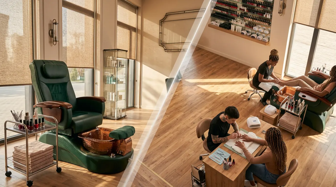 interior de salão de unhas com estações de manicure