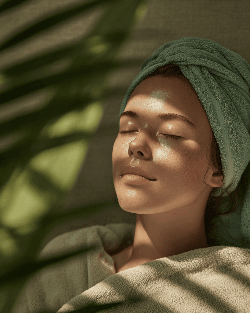 A woman lying down on a soft surface with her eyes closed, bathed in warm sunlight filtering through leaves. Her face has a natural glow, reflecting relaxation and tranquility in a serene spa-like setting.