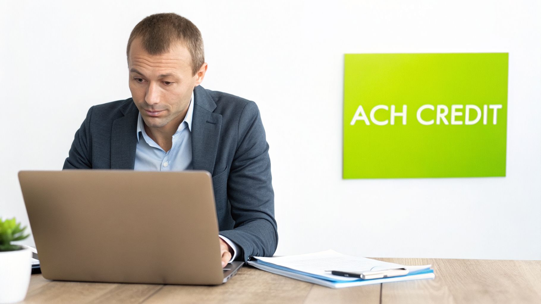 A focused businessman in a suit works on a laptop at a desk with an 'ACH CREDIT' sign.