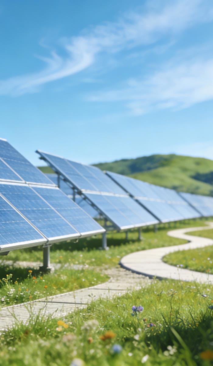 Solar panels in a green field with wildflowers, under a bright blue sky. A winding wooden path adds a sense of tranquility and sustainability.