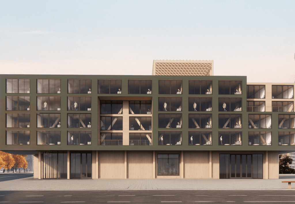 TMBR-designed mid-rise building featuring a modular timber structure, large windows, and an efficient layout for urban environments.