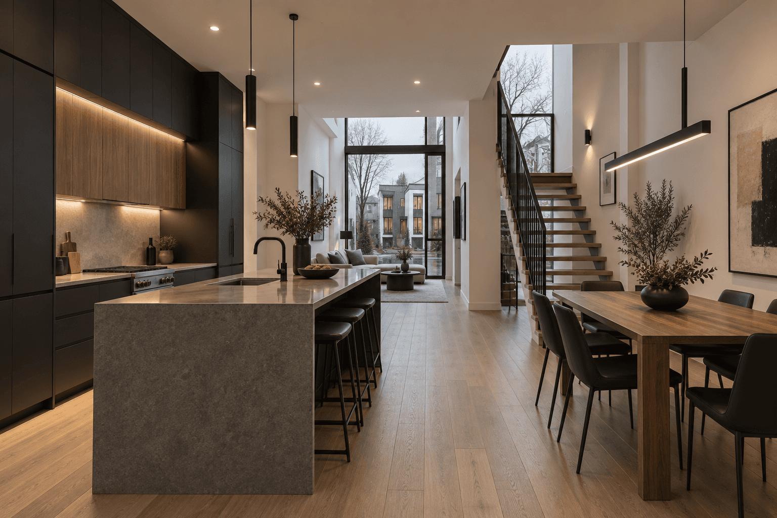 Long open townhouse kitchen and dining space with dark cabinetry, stone island, warm wood floors, and stairs leading upward.