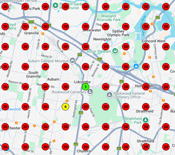 A map of how your business ranks before utilising SEO service in your local area. Red colour means that it is ranked below 20 and essentially invisible on google. The map is approximately 90% red in the local area