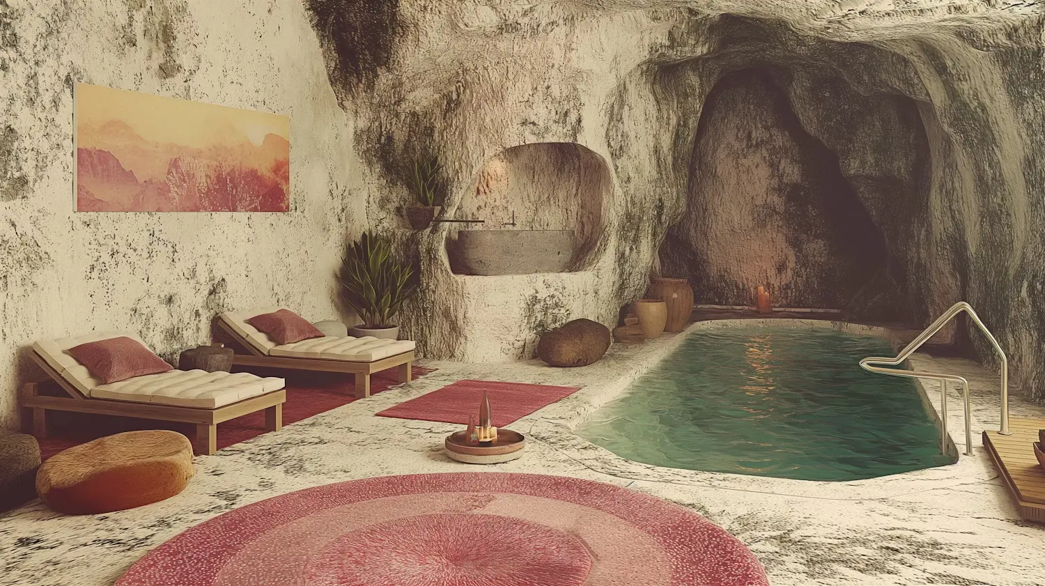 Cozy cave spa with loungers beside turquoise pool.