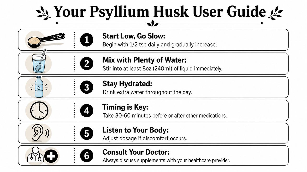 An instructional infographic titled Your Psyllium Husk User Guide, listing six steps for safe daily consumption.