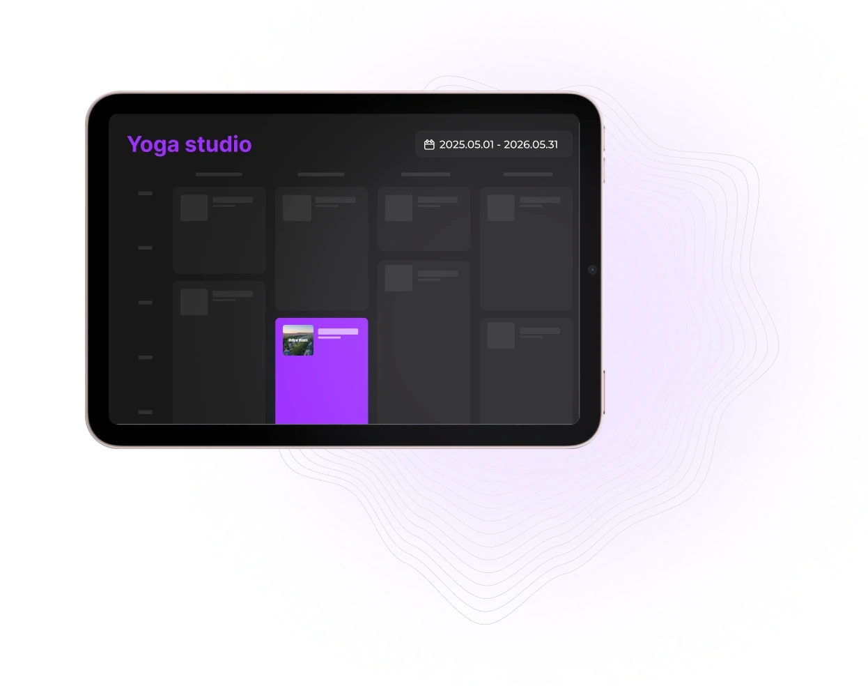 A digital interface displaying a dark-themed dashboard with various options and a prominent purple button.