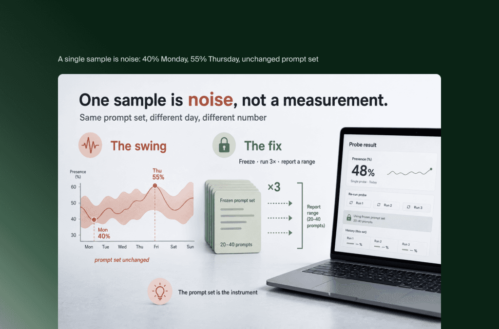 AI visibility presence swinging from 40% on Monday to 55% on Thursday, fixed by freezing the prompt set and reporting a range