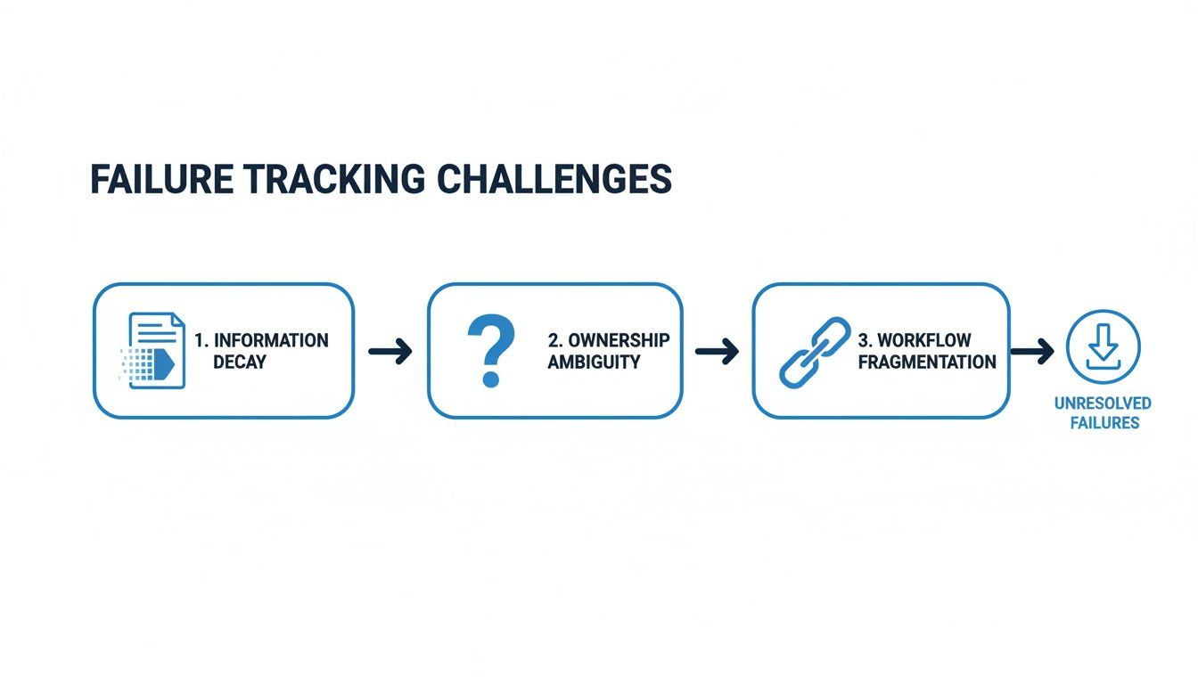 A flowchart illustrating failure tracking challenges: information decay, ownership ambiguity, and workflow fragmentation leading to unresolved failures.