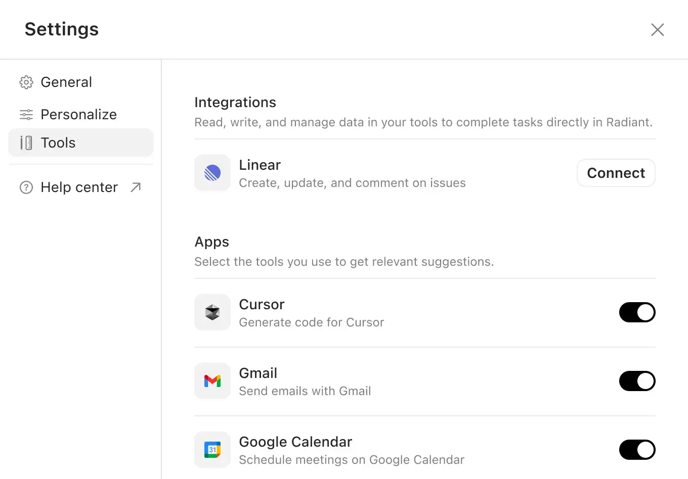 Radiant’s account settings window open to the Tools section, showing available integrations and connected apps. Linear appears with a Connect button, and toggles are shown for Cursor, Gmail, and Google Calendar.