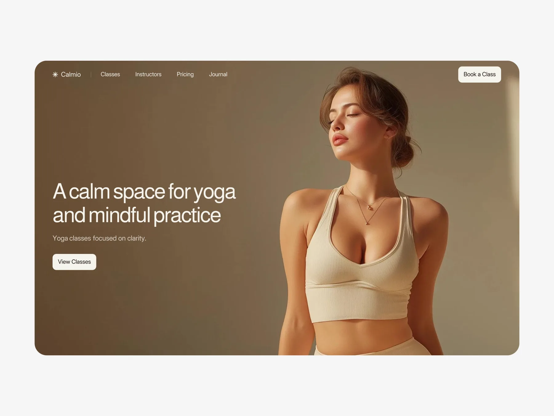 Calm yoga and wellness website homepage with neutral tones, clear headline, and visible call to action button for booking classes.