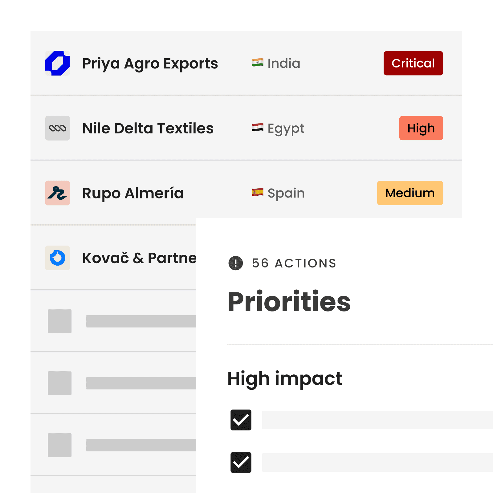 interface : Supplier list sorted by risk criticality and suggested actions associated
