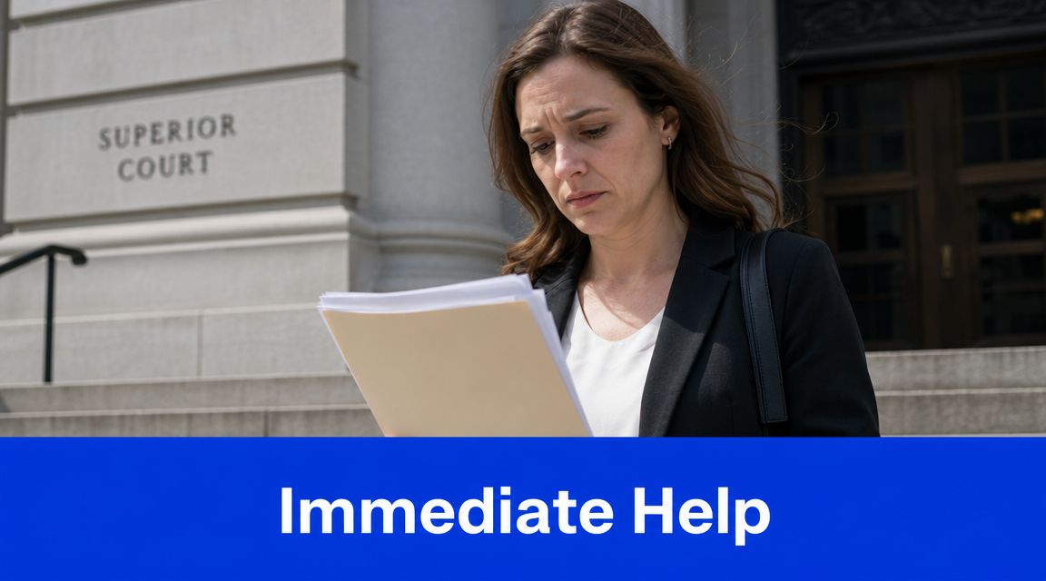 A concerned woman standing in front of a superior court building holding legal documents.