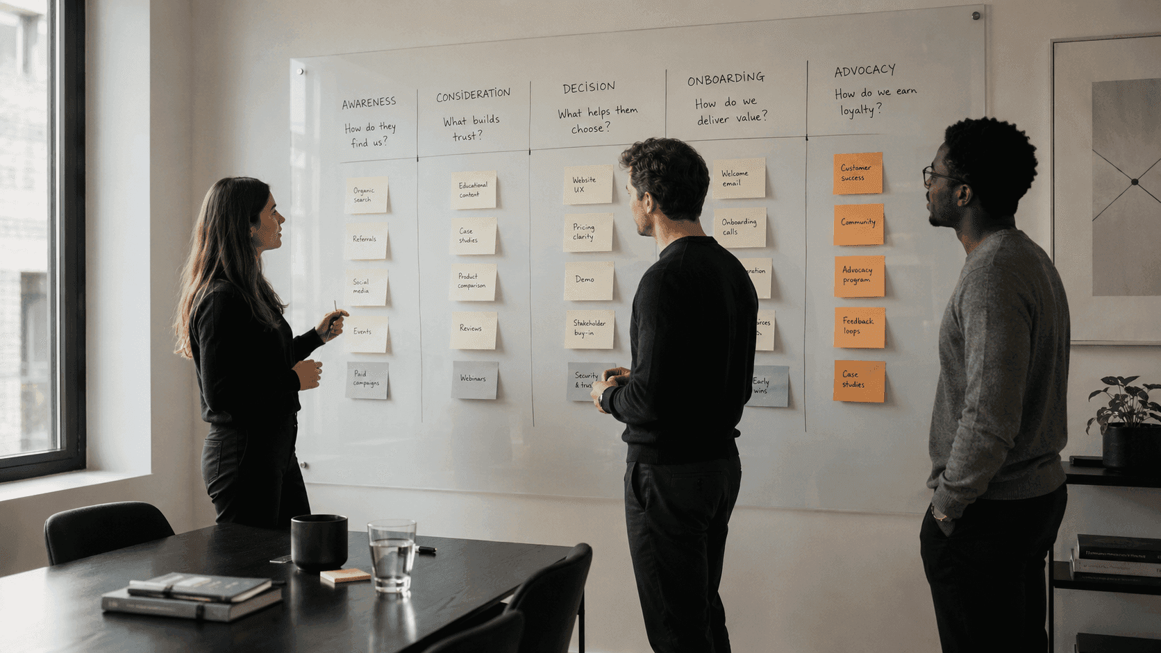 Equipe alinhando funil de agendamento integrado entre marketing e comercial