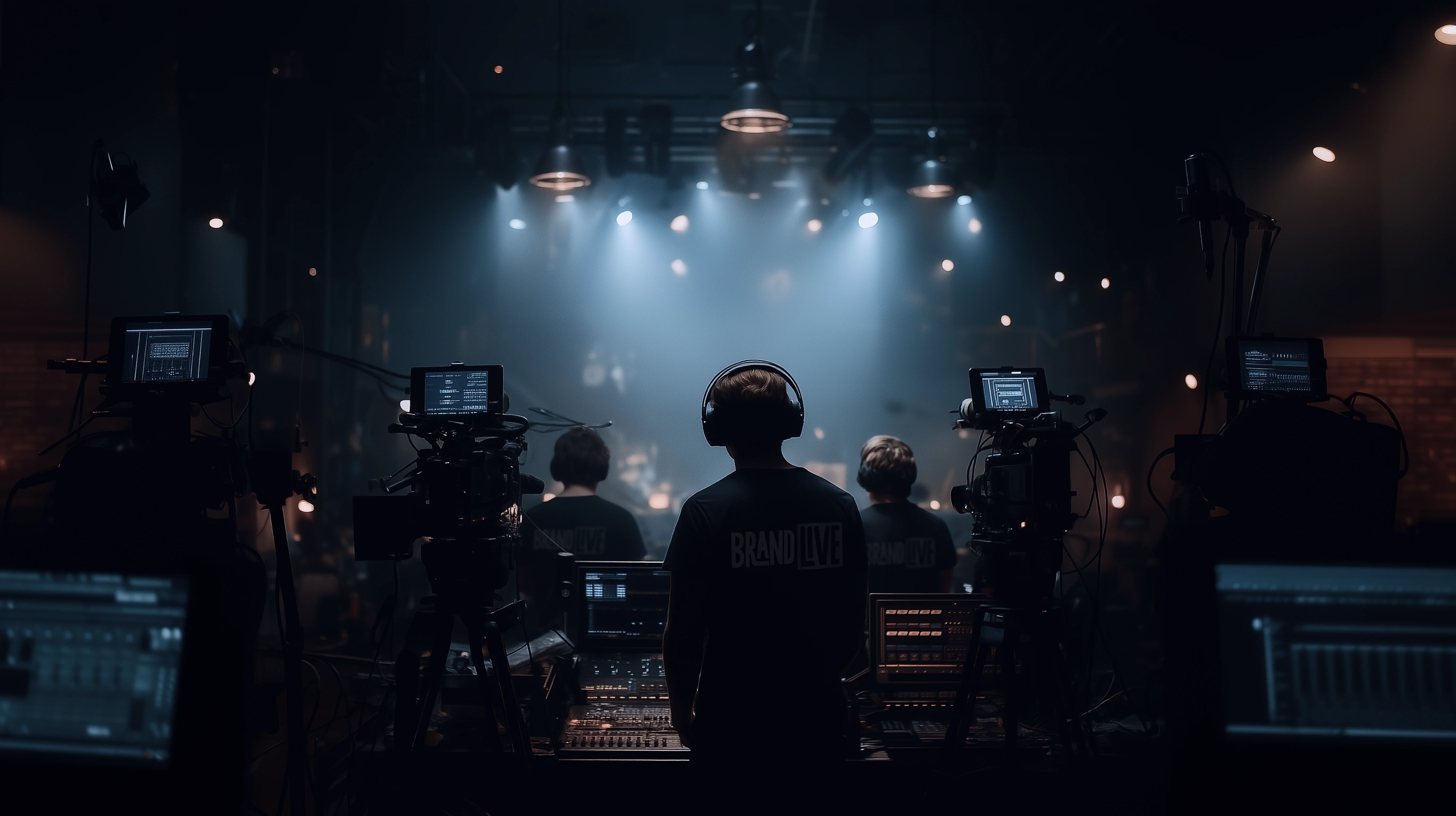 Crew members in headphones silhouetted against a dramatic blue-lit stage, camera visible in the foreground