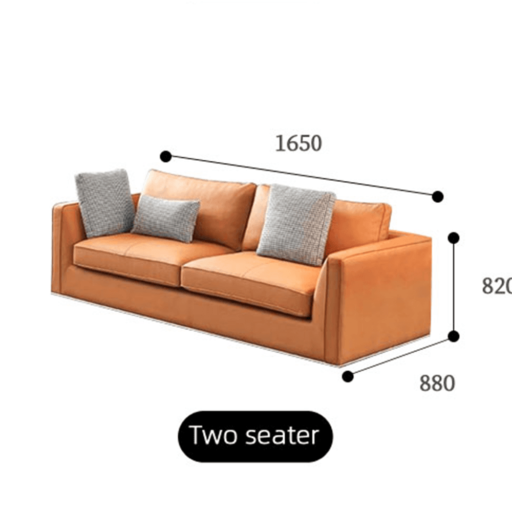 Modern burnt orange leather 3-seater sofa dimensions 2250×880 mm with gray textured pillows and chrome base – contemporary living room couch