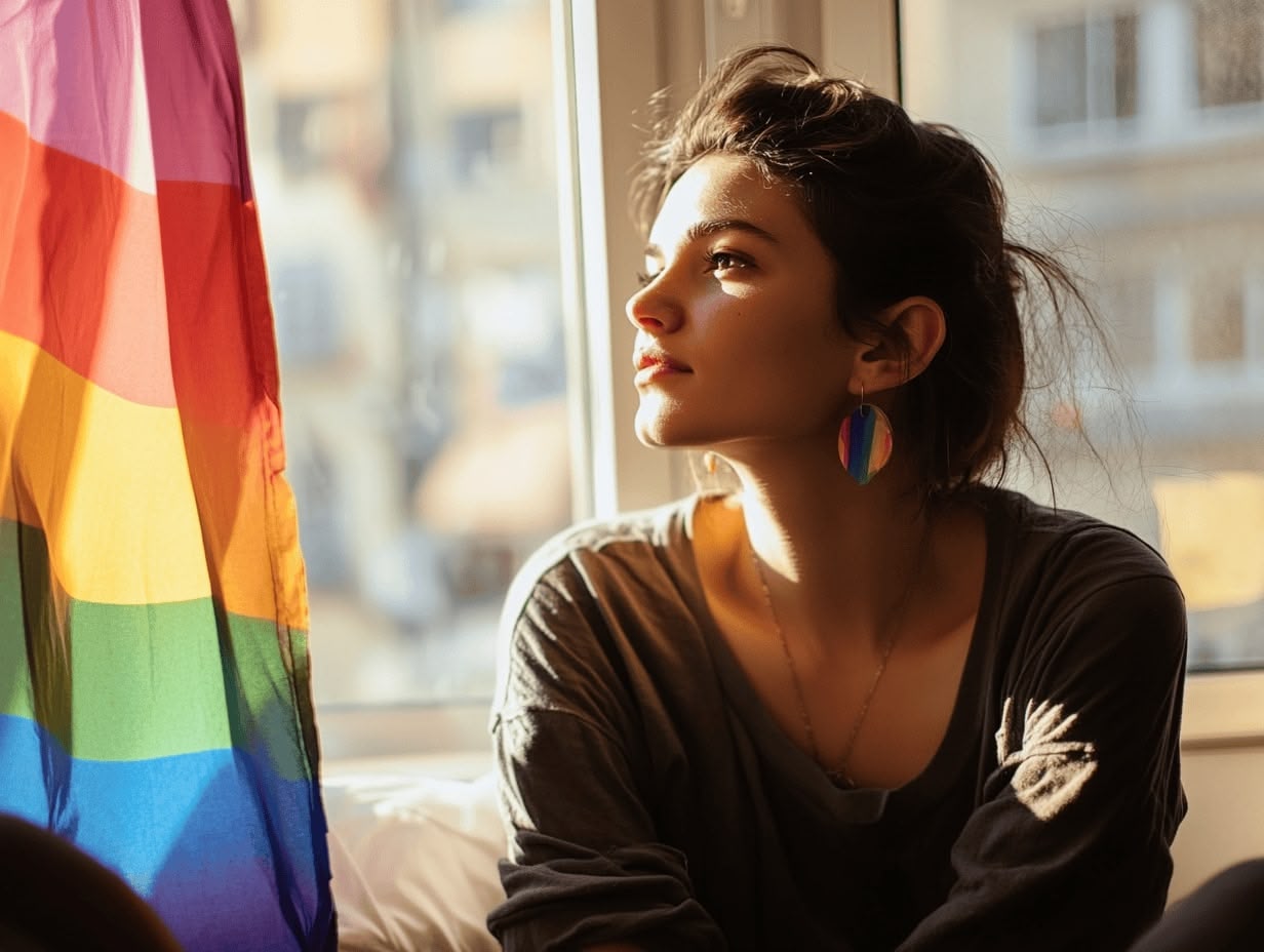 Young LGBTQ woman sitting in front of window