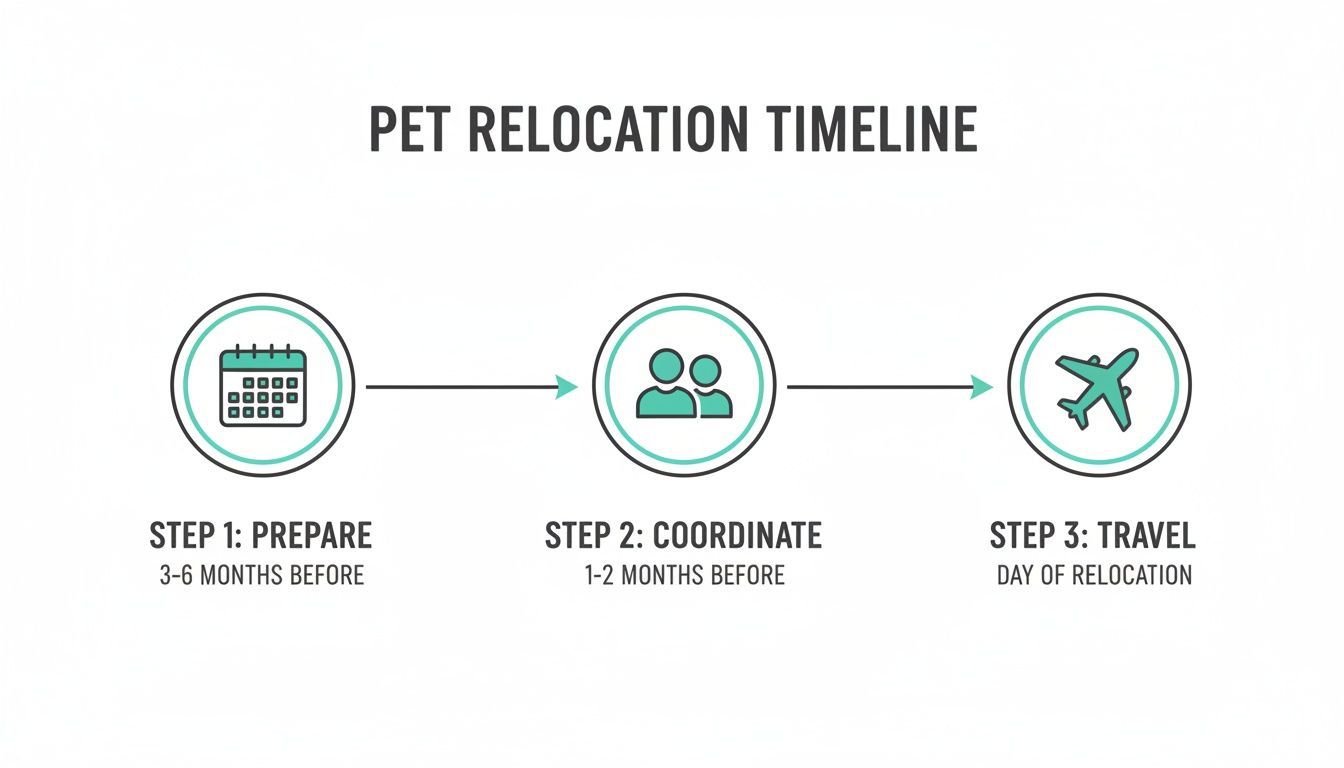 A pet relocation timeline diagram showing three steps: prepare (3-6 months before), coordinate (1-2 months before), and travel (day of relocation).