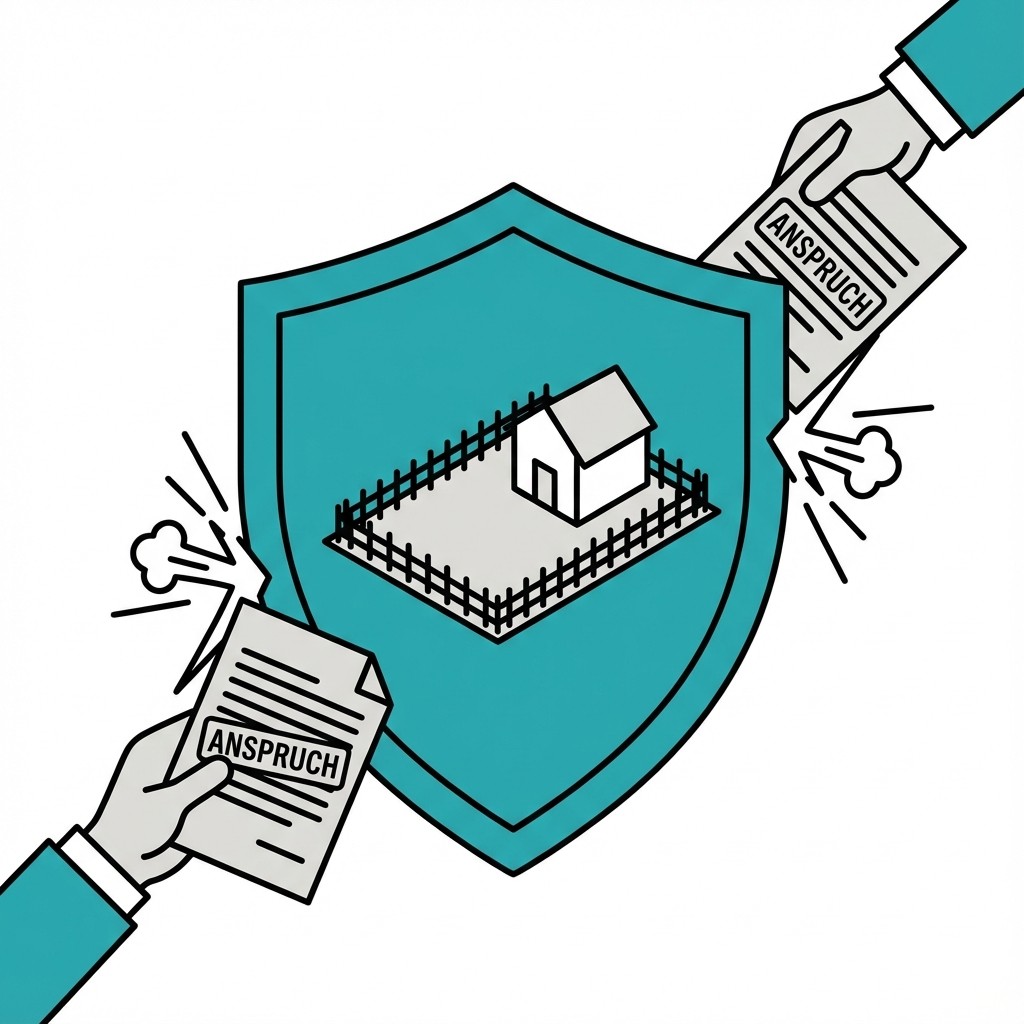 Ein Schild schützt ein Haus vor zwei Händen, die Dokumente mit der Aufschrift „ANSPRUCH“ vergeblich dagegen stoßen.