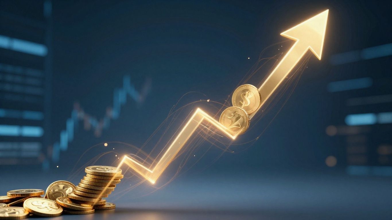 Financial growth trajectory with golden coins and abstract light trails.