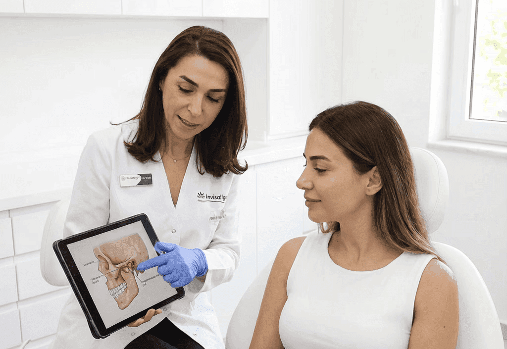 Orthodontist explaining orthognathic surgery for structural crowding and jaw alignment correction.