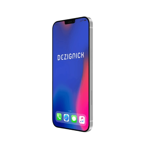 Smartphone mockup displaying Dezignick logo on blue gradient background