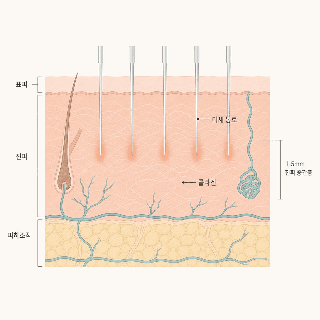 미세 바늘이 만든 통로와 진피에 전달되는 고주파 열