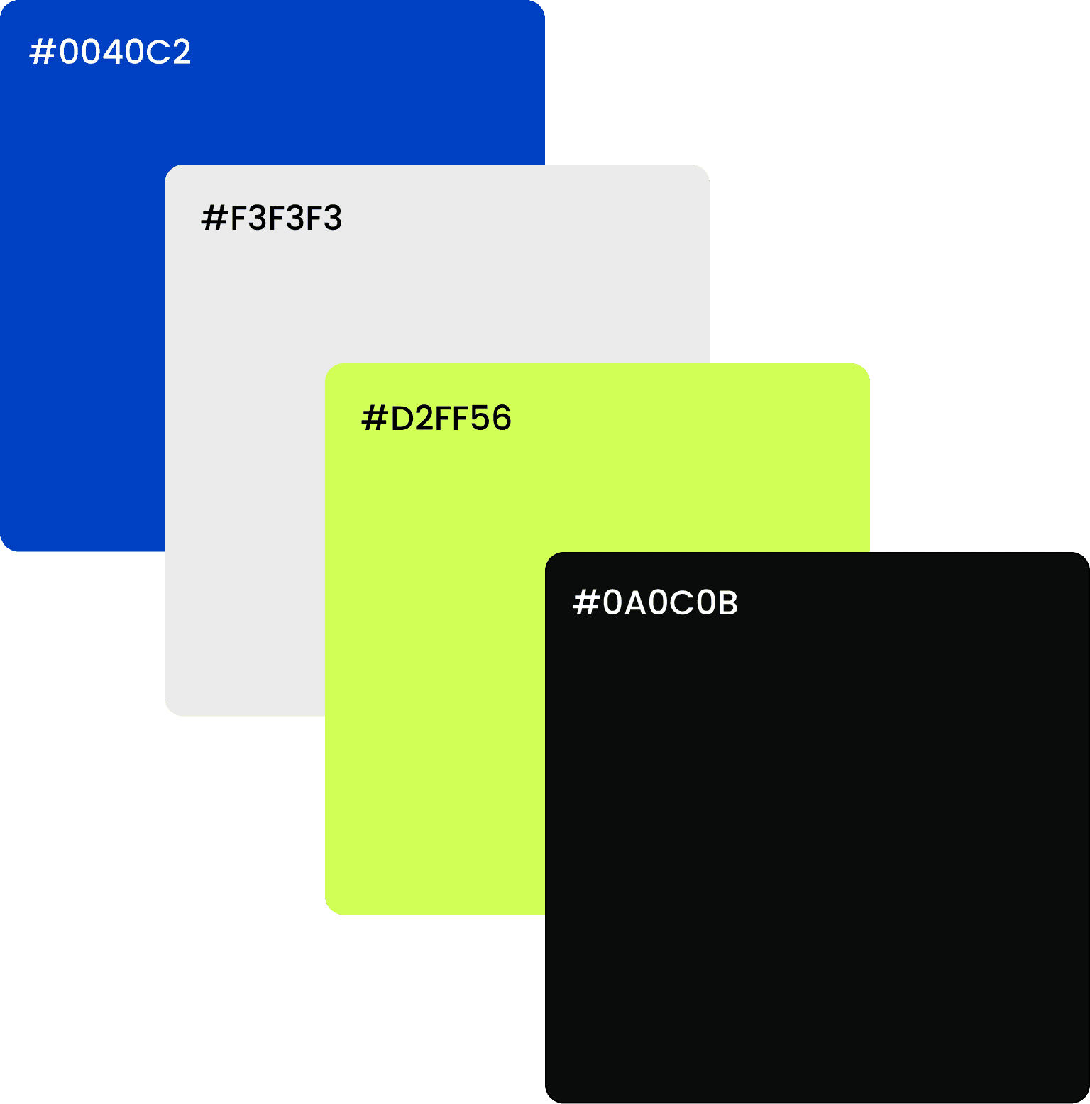 "Modern color palette featuring four distinct colors with hex codes: #0040C2 (deep blue), #F3F3F3 (light gray), #D2FF56 (neon yellow-green), and #0A0C0B (black). The design showcases layered color swatches, ideal for branding, web design, or UI/UX applications. This palette combines bold, vibrant, and neutral tones for a sleek, contemporary aesthetic