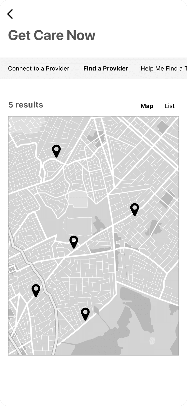 Get care now, provider map page