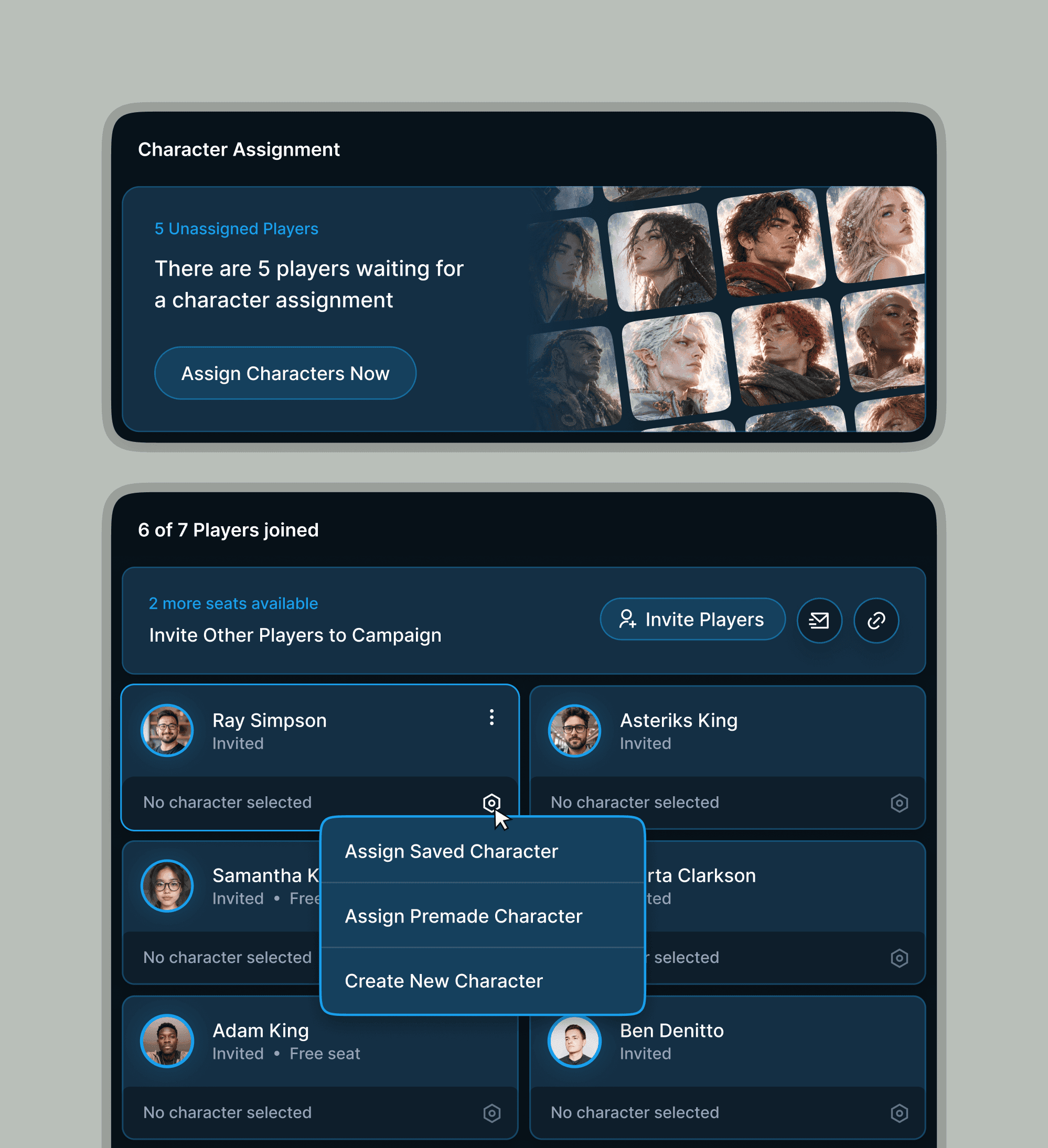 Echelon Game Master character assignment cards