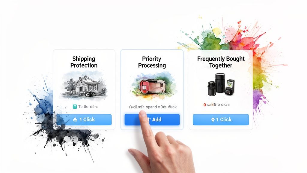 A hand pointing to an 'Add' button on a 'Priority Processing' e-commerce offer card, among others.