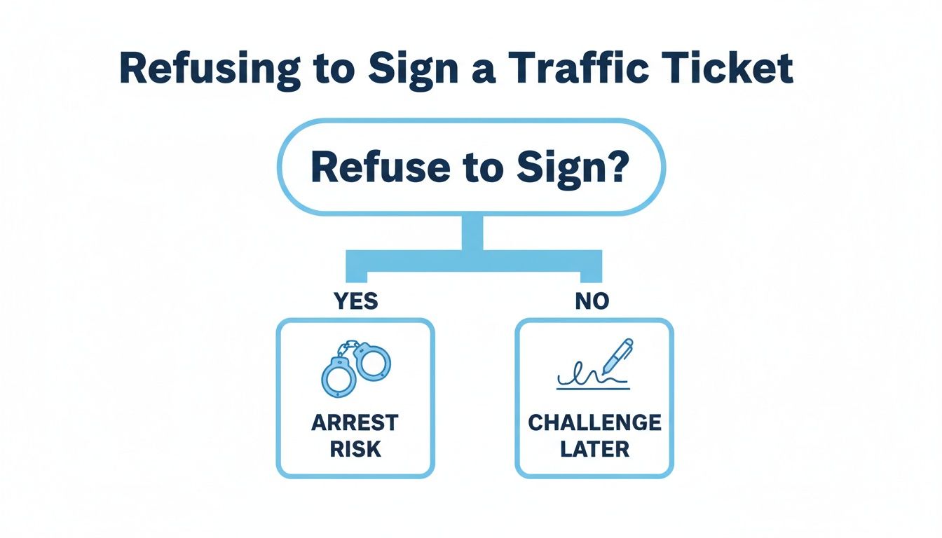 Flowchart illustrating the consequences of refusing to sign a traffic ticket: arrest risk versus challenging it later.