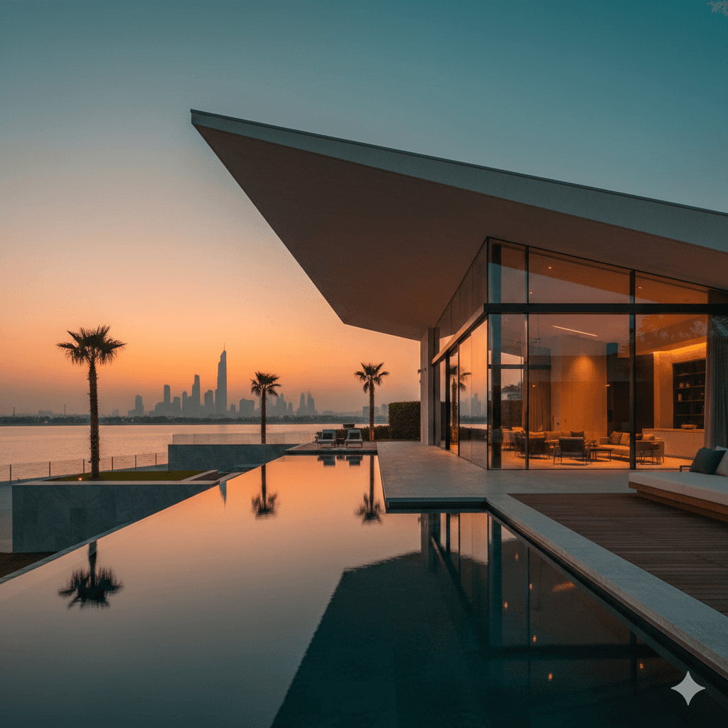 A modern villa with a sleek glass facade overlooks an infinity pool at sunset. Palm trees line the edge, with a distant city skyline aglow.